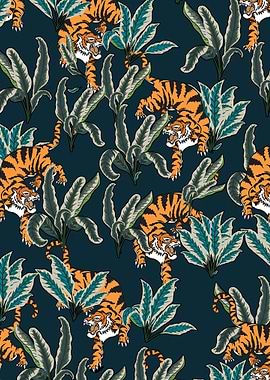 Tiger and Tropical Leaves Pattern