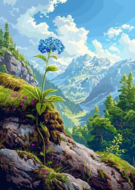 Blue Flower Mountain Landscape