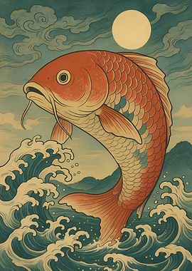 Japanese Koi Fish Leaping from Waves