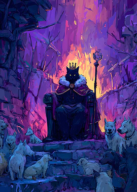 Cat King on Throne Surrounded by Loyal Dogs