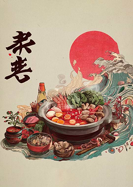 Asian Hot Pot Illustration with Red Sun