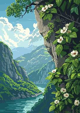 Mountain River Landscape with White Flowers