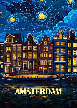 Amsterdam Netherlands Night Cityscape Art