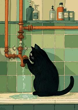 Black Cat Playing with Water Tap