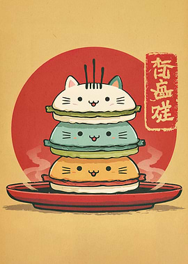 Cute Cat Macarons Tower Illustration