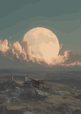 Pianist under a giant moon
