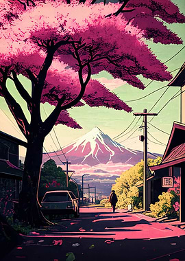 Japanese Street with Cherry Blossom Tree