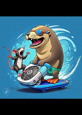 Otter and Rat on Surfboard