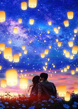 Romantic Couple Under Lantern-Filled Sky