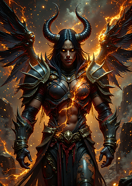 Female Demon Warrior with Horns and Wings