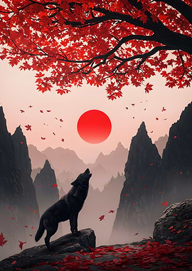 Wolf Howling Under Red Sun and Tree