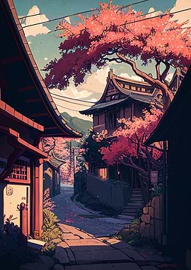 Japanese Street with Cherry Blossoms