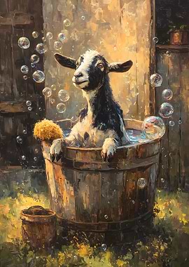 Goat in Tub with Bubbles