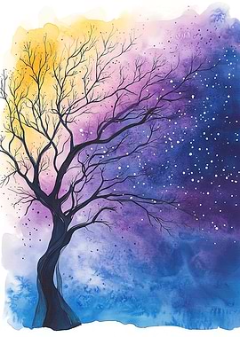 Watercolor Tree with Starry Sky