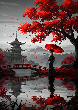 Japanese Garden with Woman and Pagoda
