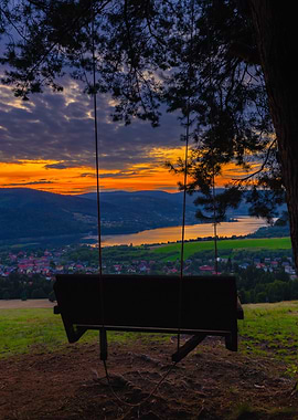 Swing with a view at sunset, Beskidy, Poland