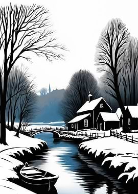 Winter Village Landscape with River