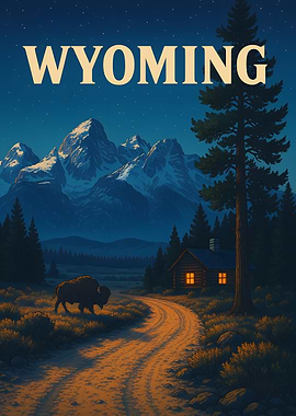 Wyoming Landscape with Bison and Cabin