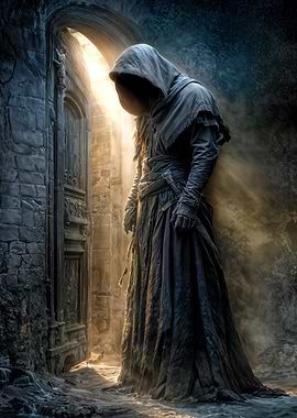 Devil's Monk Hooded Figure in Stone Archway