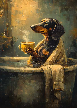Dachshund in Tub with Coffee