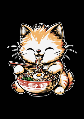 Cute Cat Eating Ramen Illustration