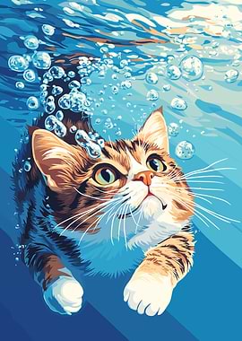 Cat Swimming Underwater with Bubbles