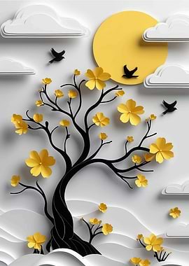 Paper Cut Tree with Yellow Flowers