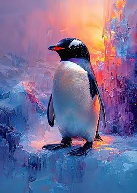 Penguin on Ice with Colorful Background