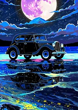 Vintage Car Under a Full Moon