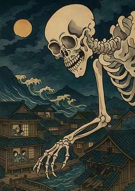 Giant Skeleton Over Japanese Village