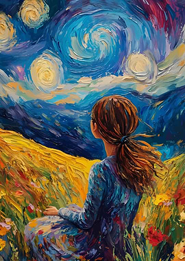Girl Gazing at Starry Night Painting