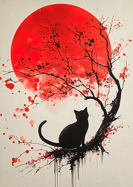 Black Cat Under Red Moon Painting