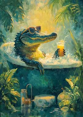 Satisfied Alligator in Tub with Cocktail