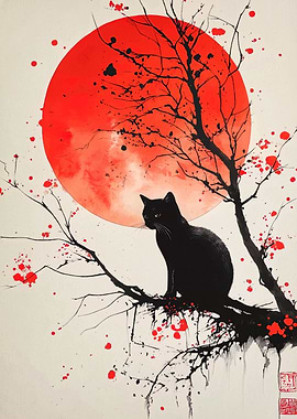 Black Cat Under Red Moon Painting
