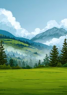 Lush Green Mountain Landscape Illustration