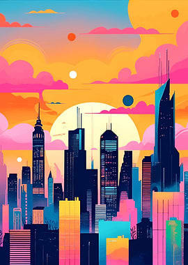 Colorful Cityscape at Sunset
