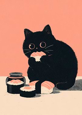 Black Cat Eating Sushi