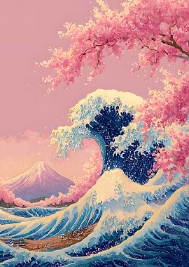 Pink Great Wave with Cherry Blossoms
