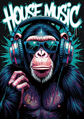 Chimpanzee DJ with Headphones and Sunglasses