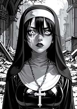 Monochrome Nun with Glowing Eyes