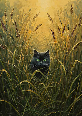 Black Cat in Tall Grass Painting