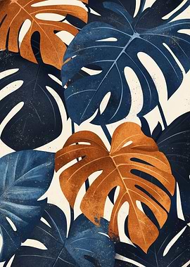 Monstera Leaves Pattern in Blue and Brown | copper monstera prin