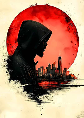 Hooded Figure Cityscape Red Moon