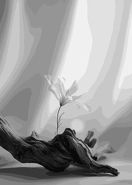 Monochrome Flower on Driftwood Still Life