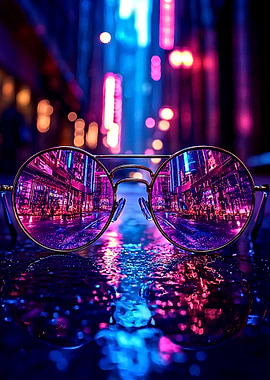 Cyberpunk City Reflected in Sunglasses