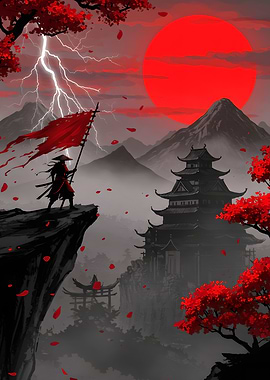 Samurai with Red Flag Landscape