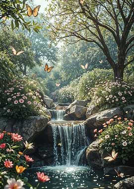 Waterfall with Butterflies and Flowers