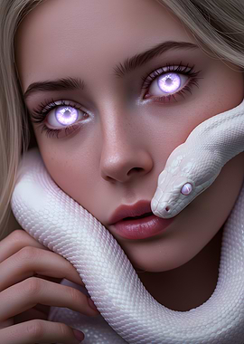 Woman with White Snake and Glowing Eyes