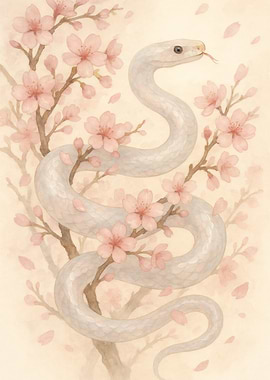 Whispers of Spring: Albino Serpent Among Sakura