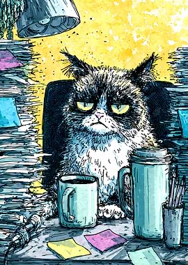Grumpy Office Cat at a Messy Desk Illustration